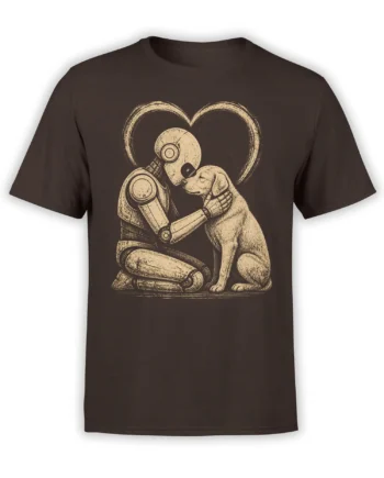 Brown T-shirt with a vintage robot embracing a dog inside a large hand-drawn heart
