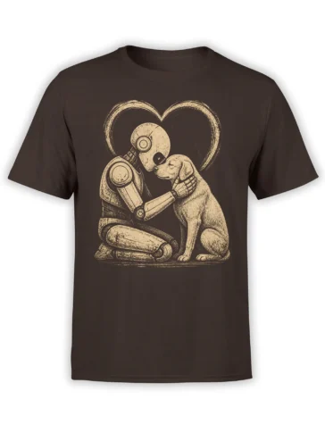 Brown T-shirt with a vintage robot embracing a dog inside a large hand-drawn heart