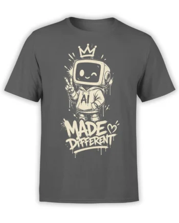 Gray T-shirt with a crowned AI robot flashing a peace sign above bold “MADE DIFFERENT” lettering