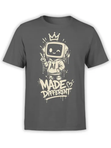 Gray T-shirt with a crowned AI robot flashing a peace sign above bold “MADE DIFFERENT” lettering