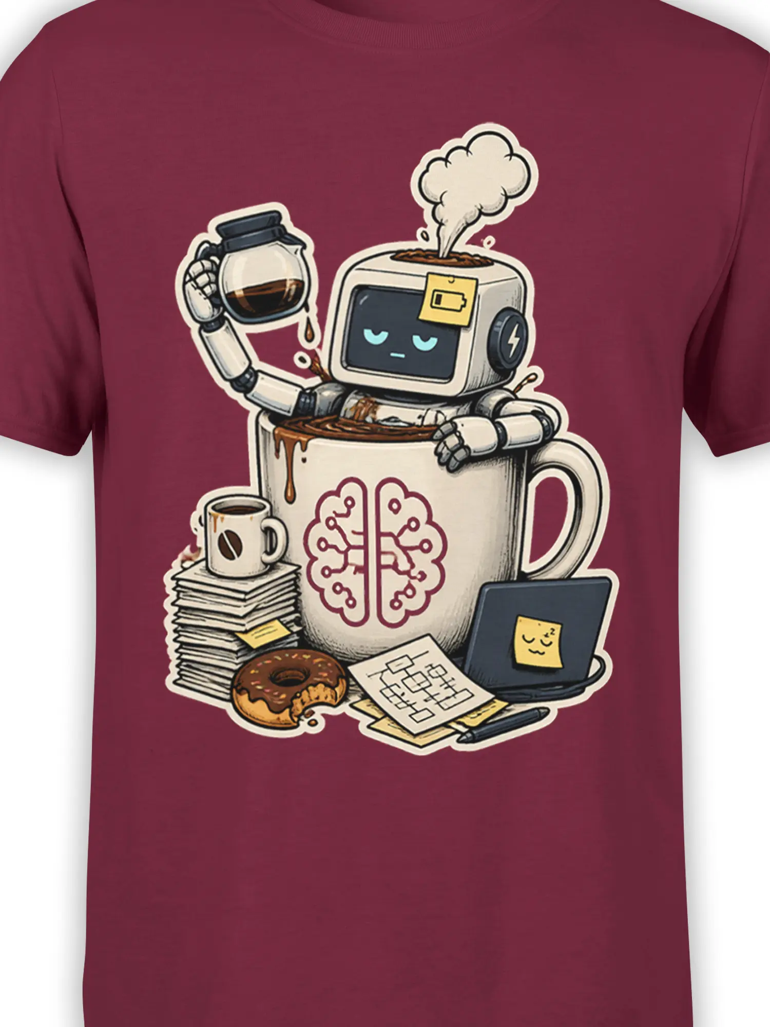 Close-up of sleepy coffee robot artwork with brain mug, low battery note, laptop, and donut on burgundy fabric
