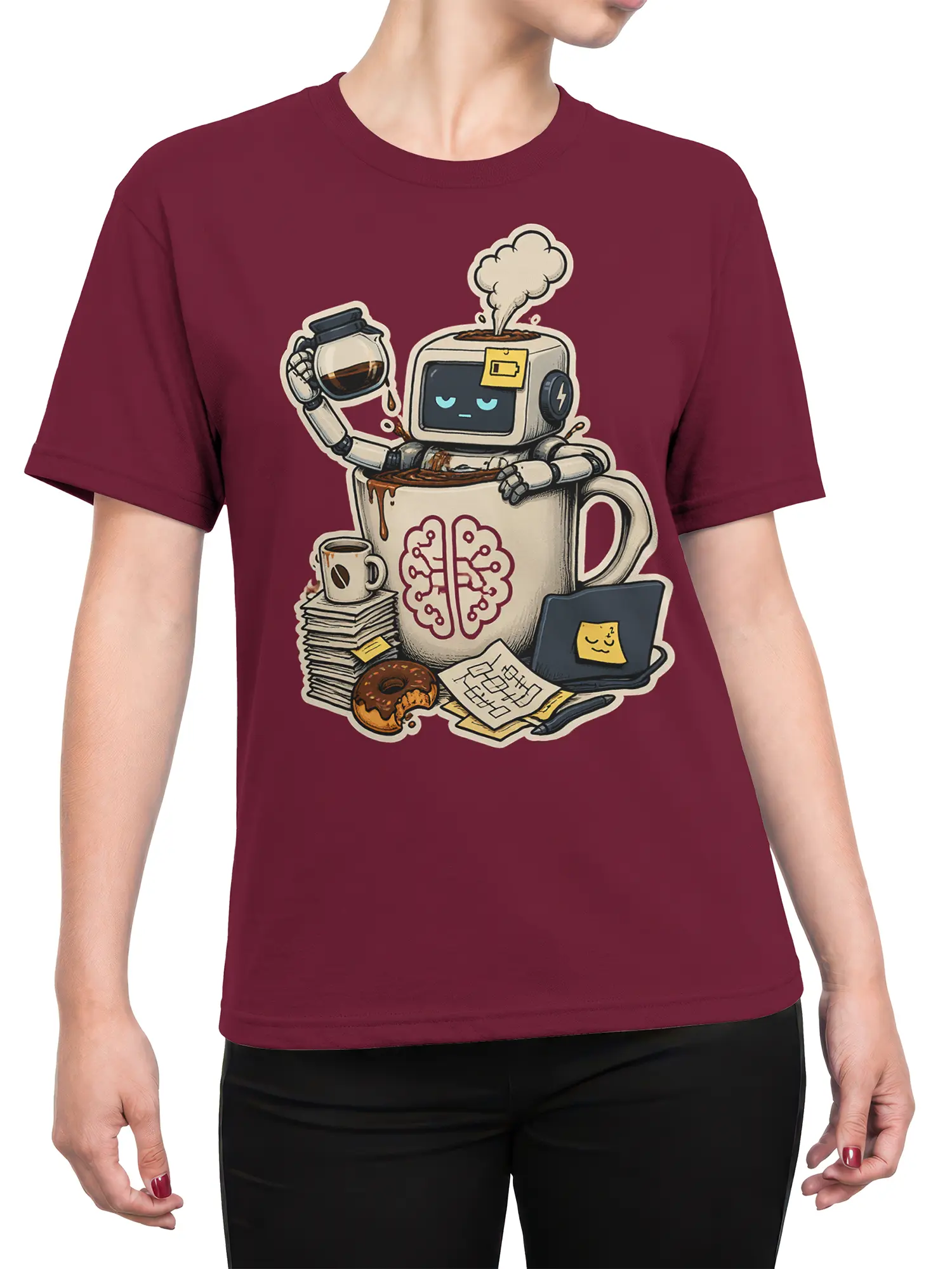 Female torso wearing a burgundy T-shirt with a sleepy robot coffee mug and busy desk graphic