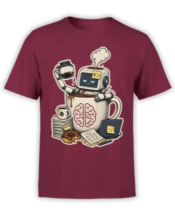Sleepy robot coffee design with laptop, papers, donut, and brain mug on a burgundy T-shirt
