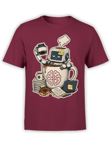 Sleepy robot coffee design with laptop, papers, donut, and brain mug on a burgundy T-shirt