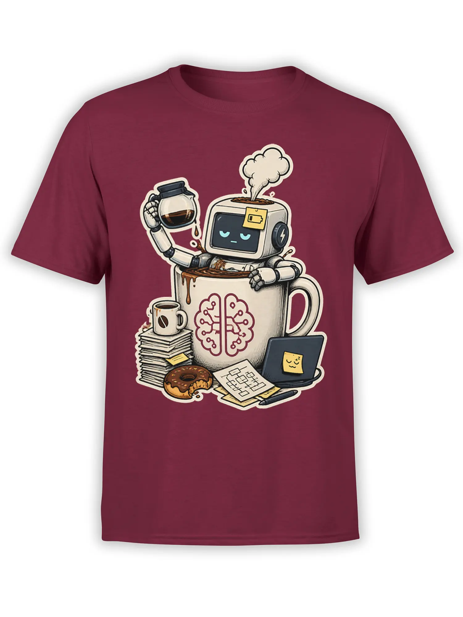 Sleepy robot coffee design with laptop, papers, donut, and brain mug on a burgundy T-shirt