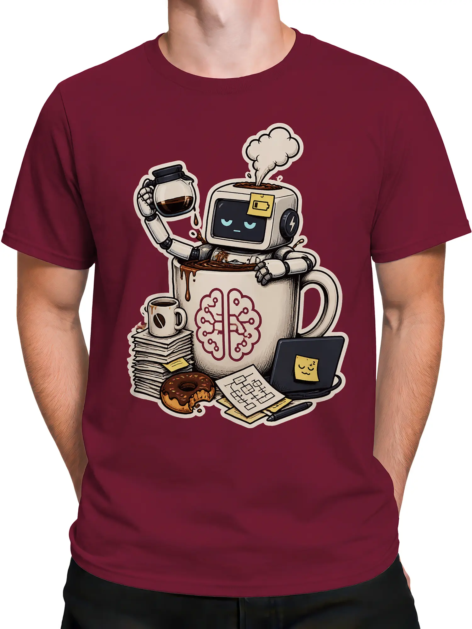Male torso wearing a burgundy T-shirt with a coffee robot, laptop, donut, and paperwork graphic