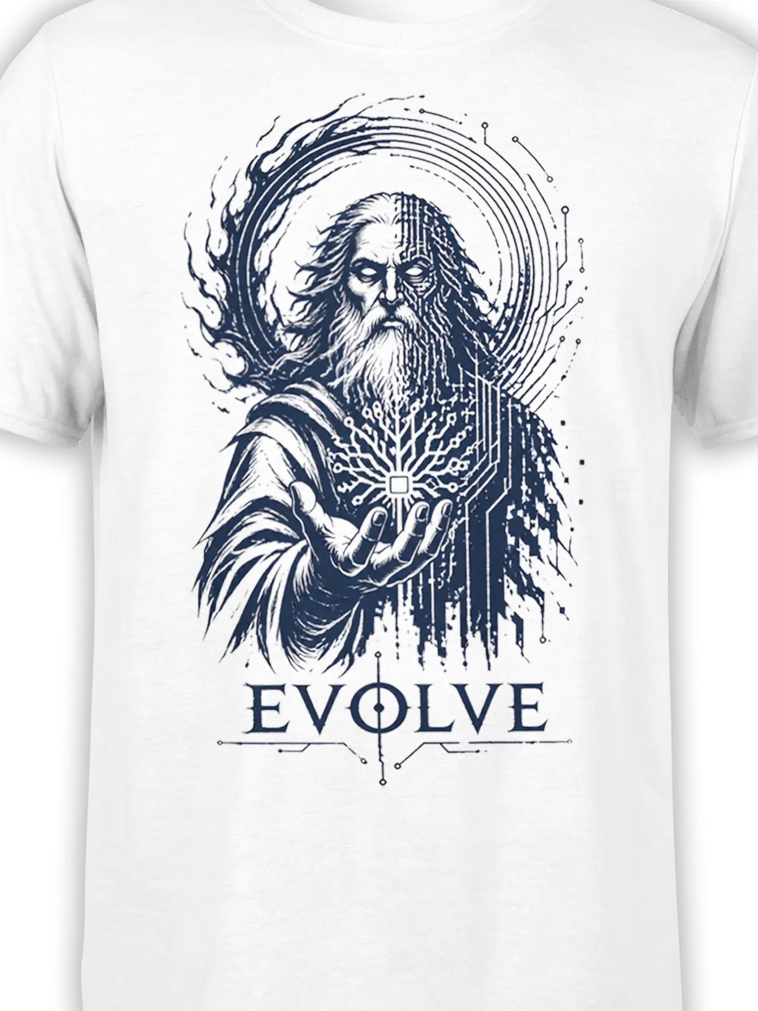 Close-up of the bearded mystic and circuit artwork printed on a white fantasy T-shirt