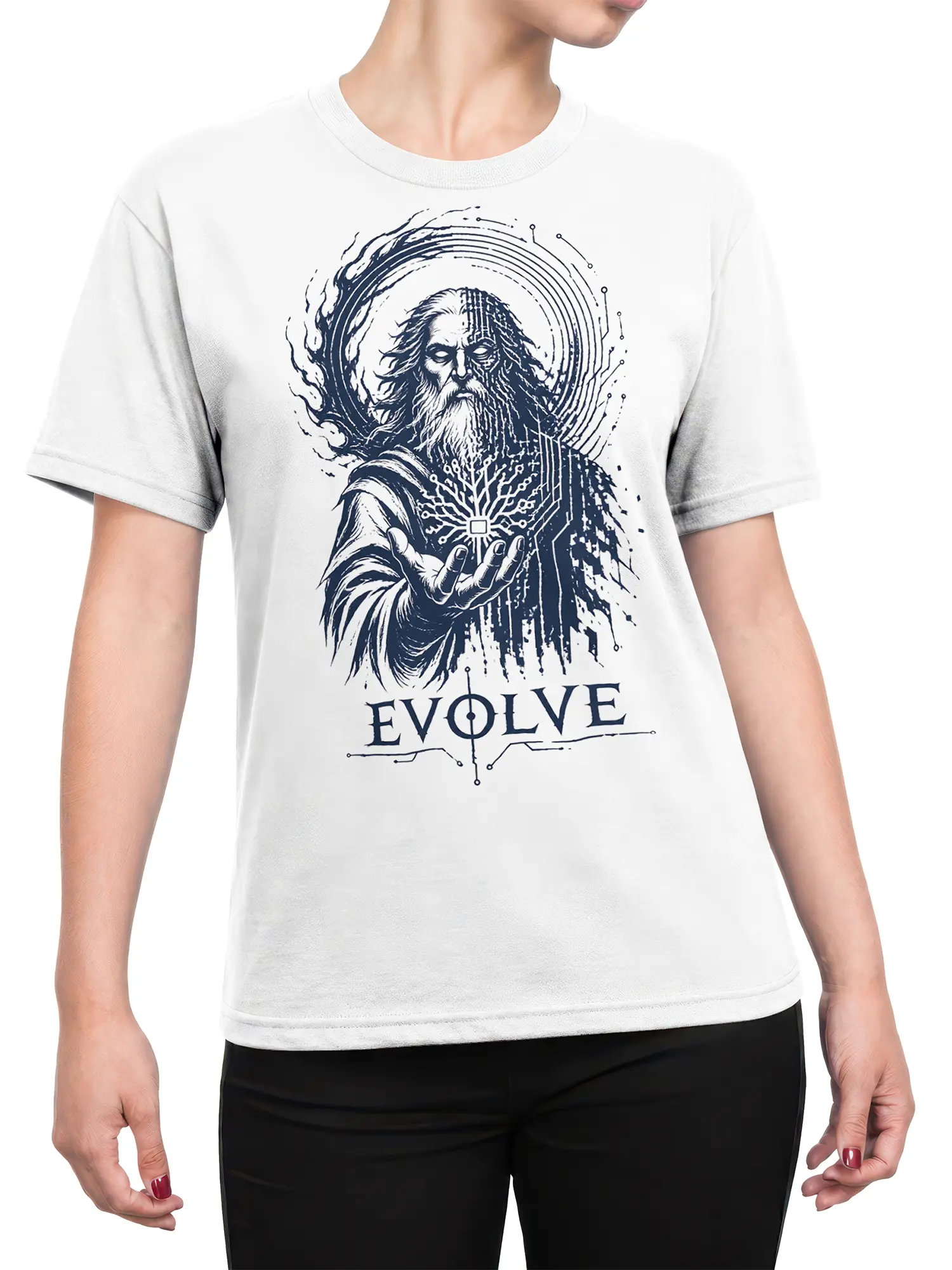Female torso wearing a white T-shirt with bearded mystic and EVOLVE fantasy artwork
