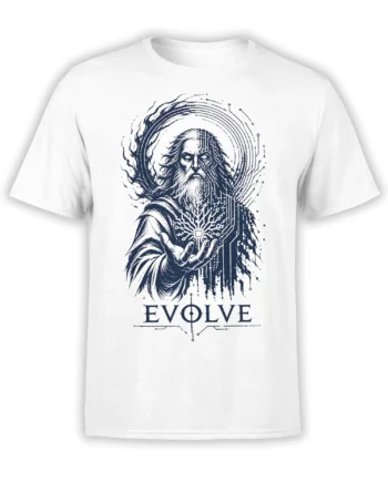 White T-shirt with bearded mystic, split digital face, geometric hand symbol, and EVOLVE artwork