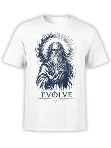 White T-shirt with bearded mystic, split digital face, geometric hand symbol, and EVOLVE artwork