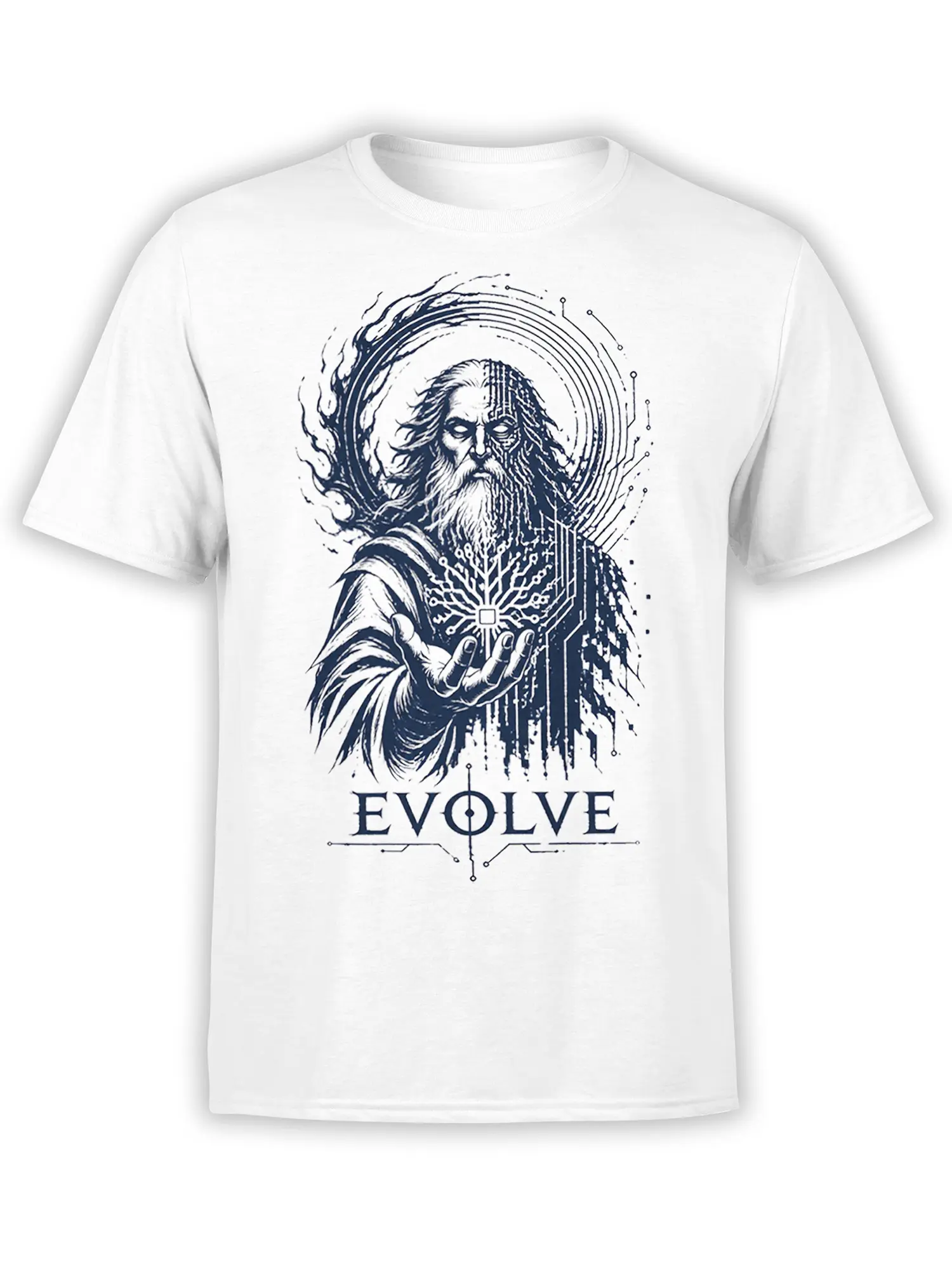 White T-shirt with bearded mystic, split digital face, geometric hand symbol, and EVOLVE artwork