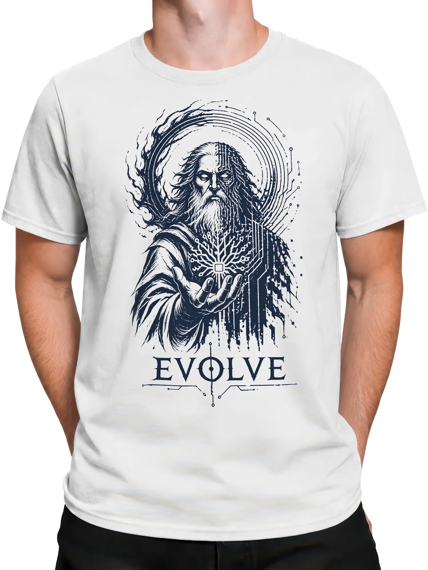 Male torso wearing a white T-shirt with futuristic mystic and EVOLVE design