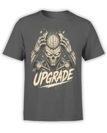 Gray T-shirt with a detailed cybernetic skull, exposed brain, robotic hands, and bold cream UPGRADE lettering