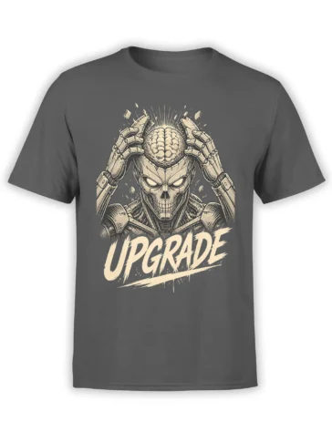 Gray T-shirt with a detailed cybernetic skull, exposed brain, robotic hands, and bold cream UPGRADE lettering