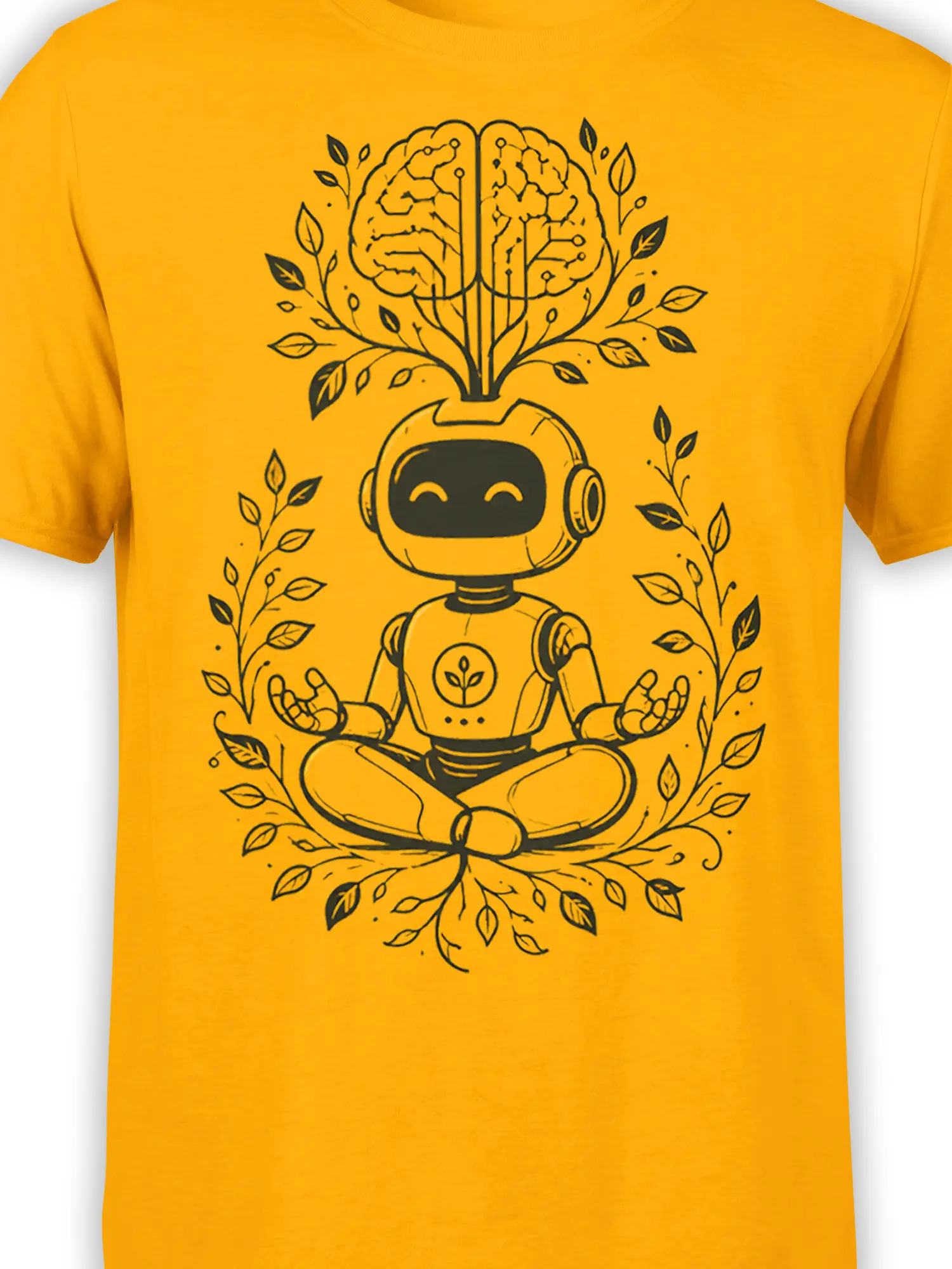 Close-up of the meditating robot and brain tree artwork printed on an orange T-shirt
