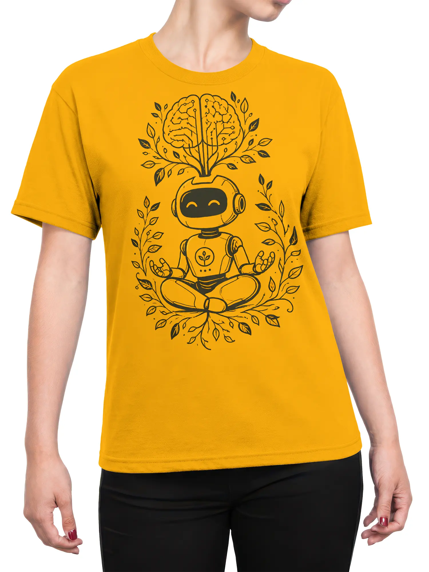 Female torso wearing an orange robot T-shirt with meditating artwork and a leafy brain tree design