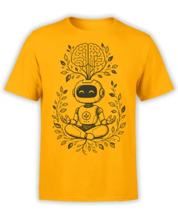 Orange T-shirt featuring a meditating robot beneath a brain shaped like a leafy tree in dark line art