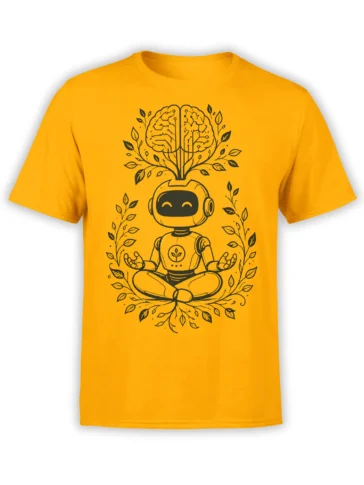Orange T-shirt featuring a meditating robot beneath a brain shaped like a leafy tree in dark line art