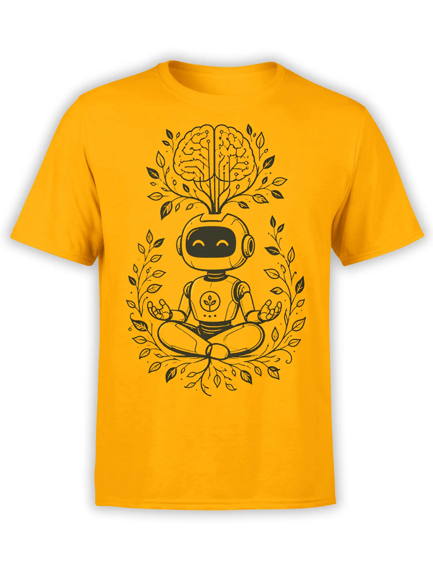 Orange T-shirt featuring a meditating robot beneath a brain shaped like a leafy tree in dark line art