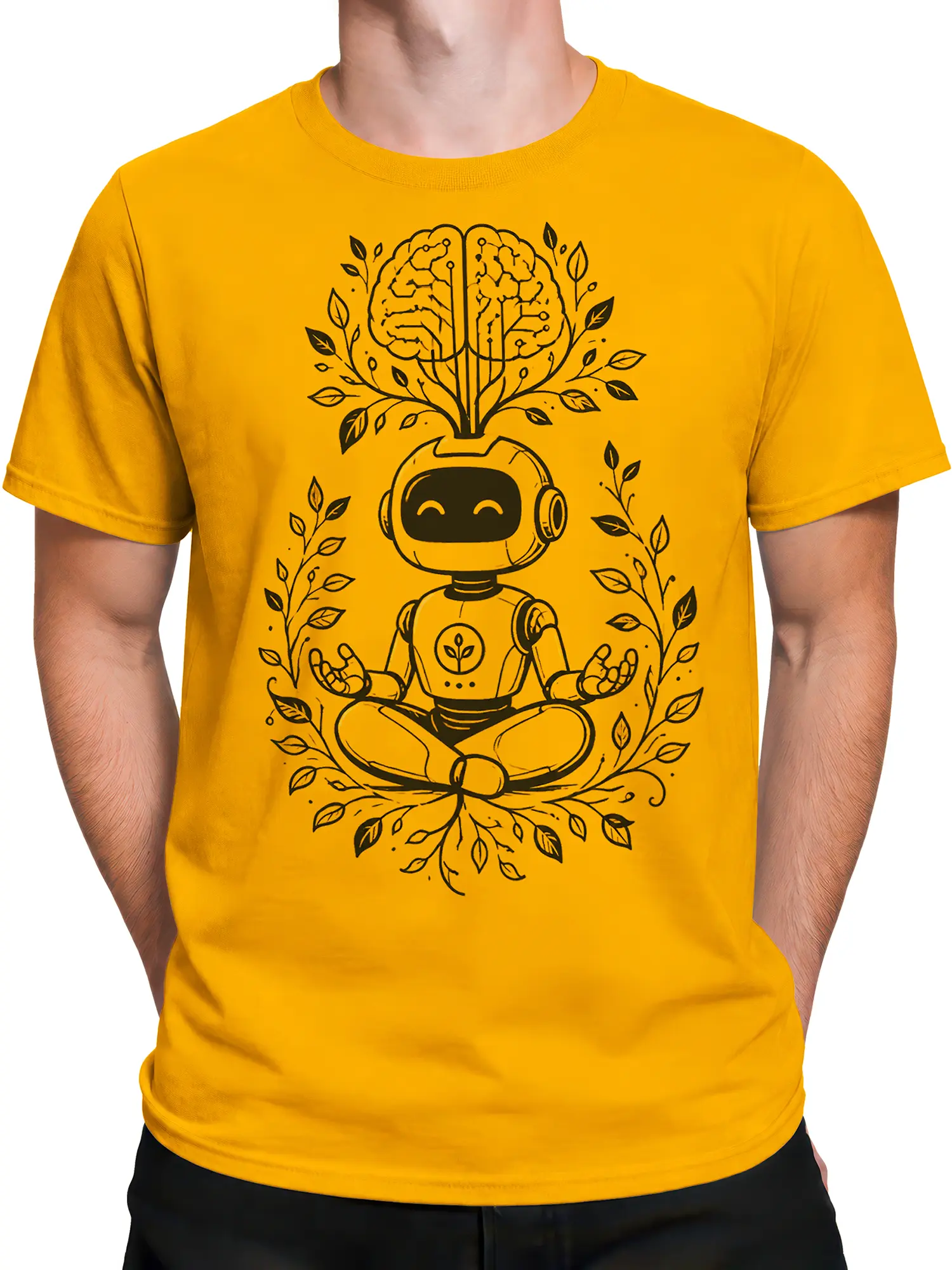 Male torso wearing an orange T-shirt with a meditating robot and brain tree illustration