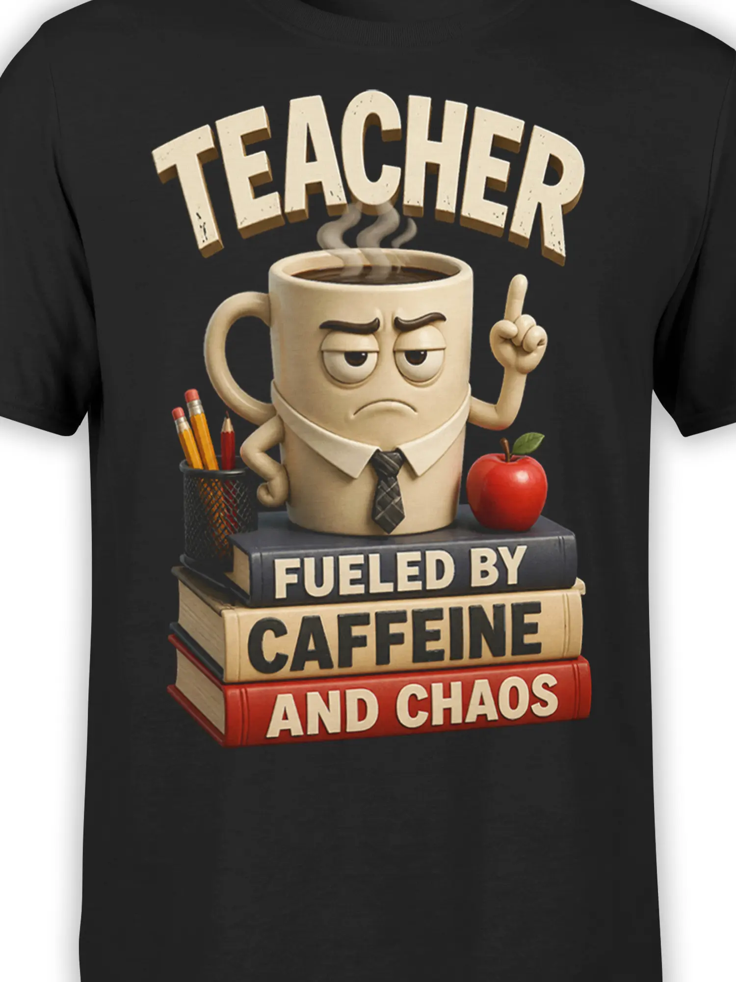 Close-up of stern coffee mug teacher design with books, apple, pencils, and text on black fabric