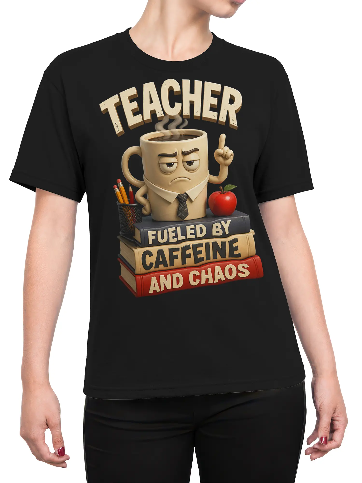 Female torso wearing black teacher t-shirt with coffee mug character and caffeine chaos book design