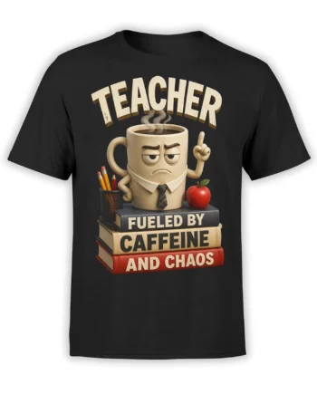 Black teacher t-shirt with stern coffee mug, books, apple, pencils, and caffeine chaos lettering