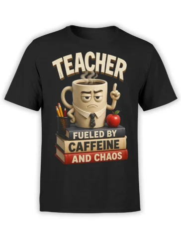 Black teacher t-shirt with stern coffee mug, books, apple, pencils, and caffeine chaos lettering