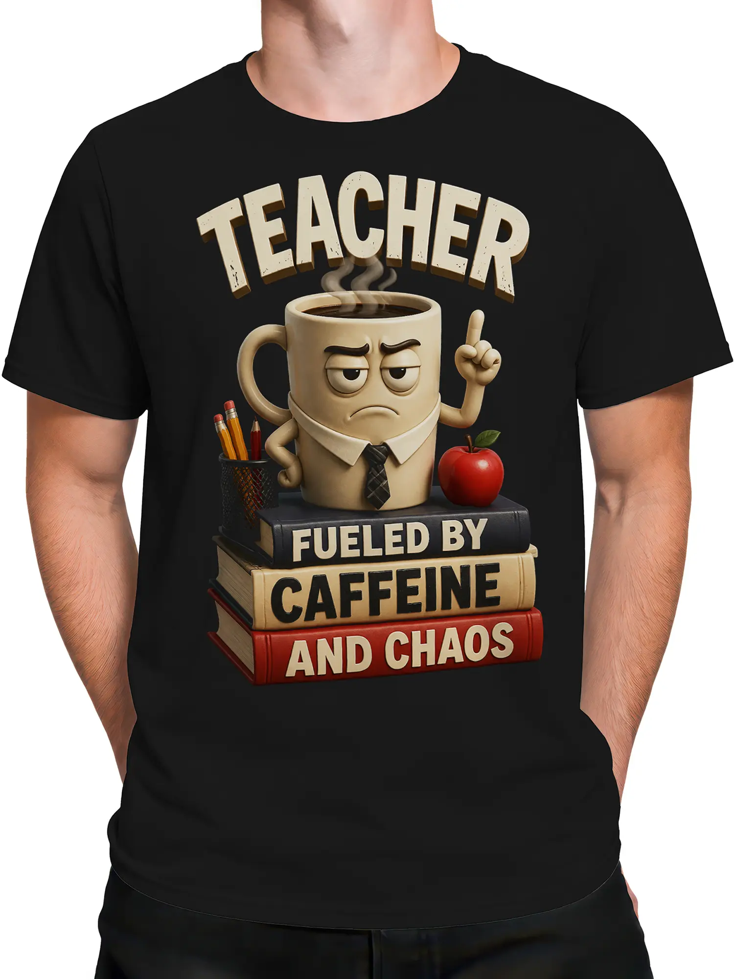 Male torso wearing black teacher t-shirt with stern coffee mug and school book artwork