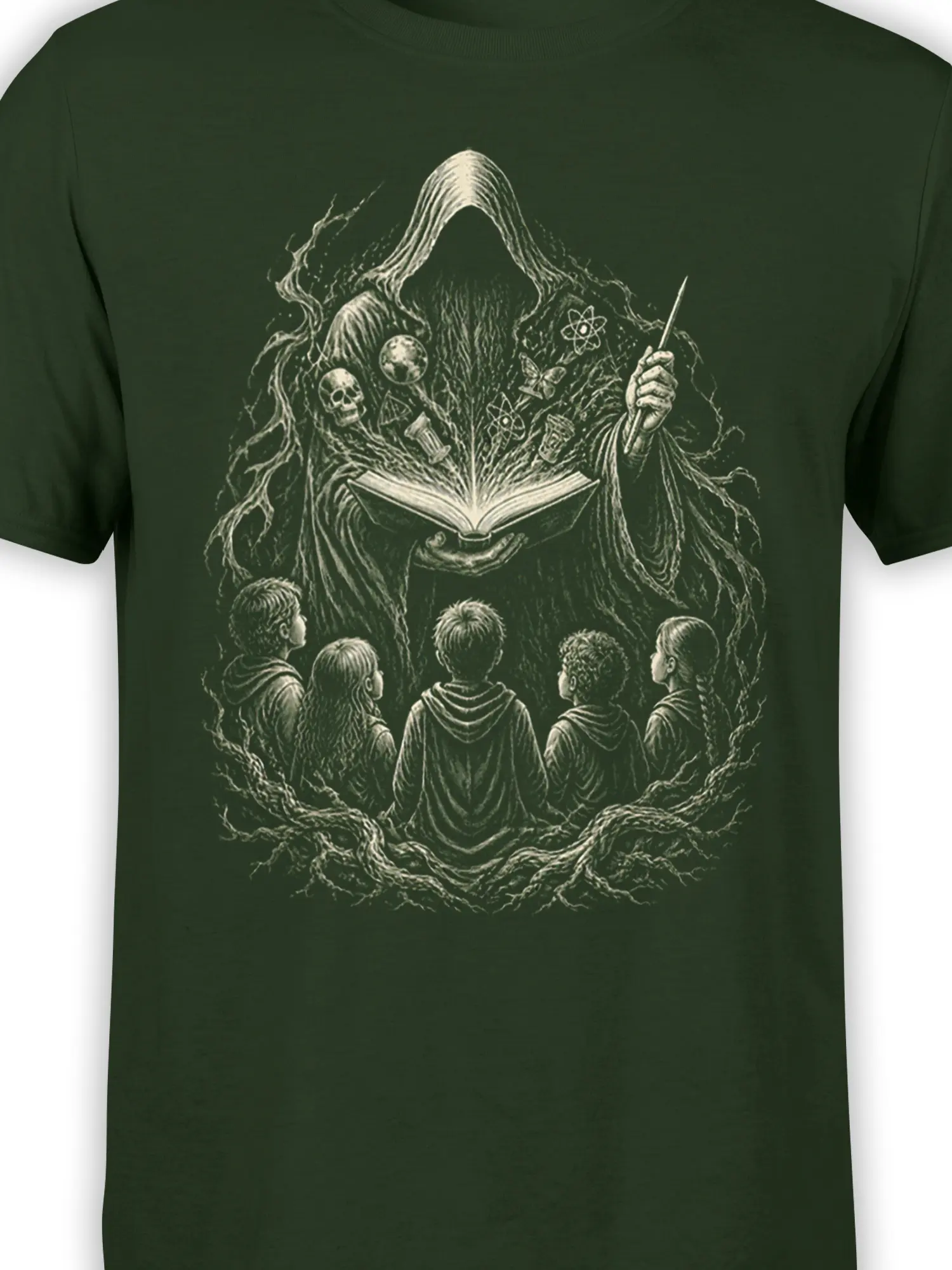 Close-up of hooded scholar fantasy artwork with open book, cosmic symbols, skulls, and children on dark green fabric