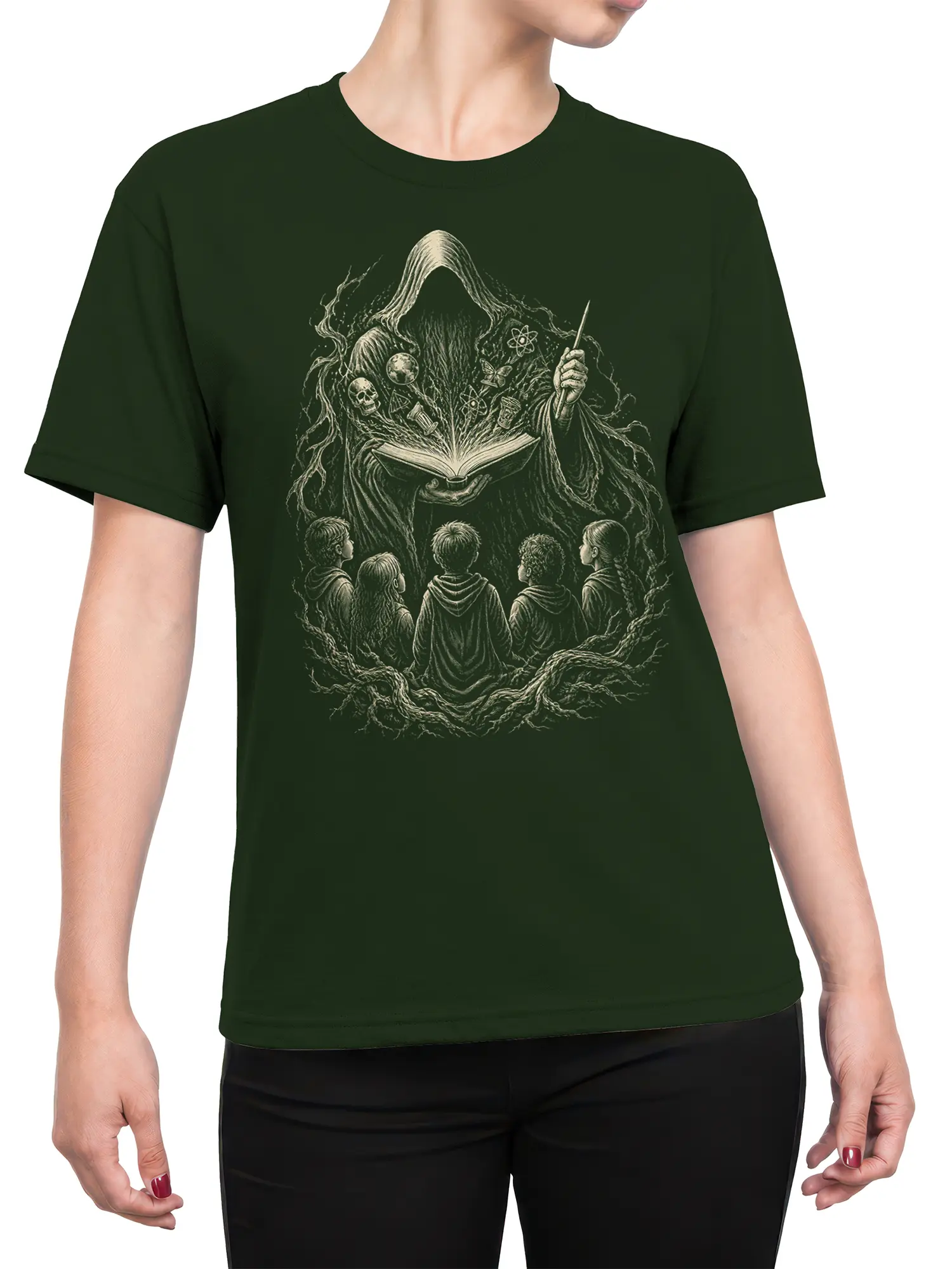 Female torso wearing a dark green T-shirt with hooded scholar, open book, cosmic symbols, and skull artwork