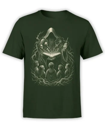 Dark green T-shirt with hooded scholar, open book, cosmic symbols, skulls, and children in an illustrated scene