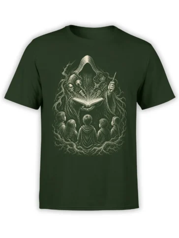 Dark green T-shirt with hooded scholar, open book, cosmic symbols, skulls, and children in an illustrated scene