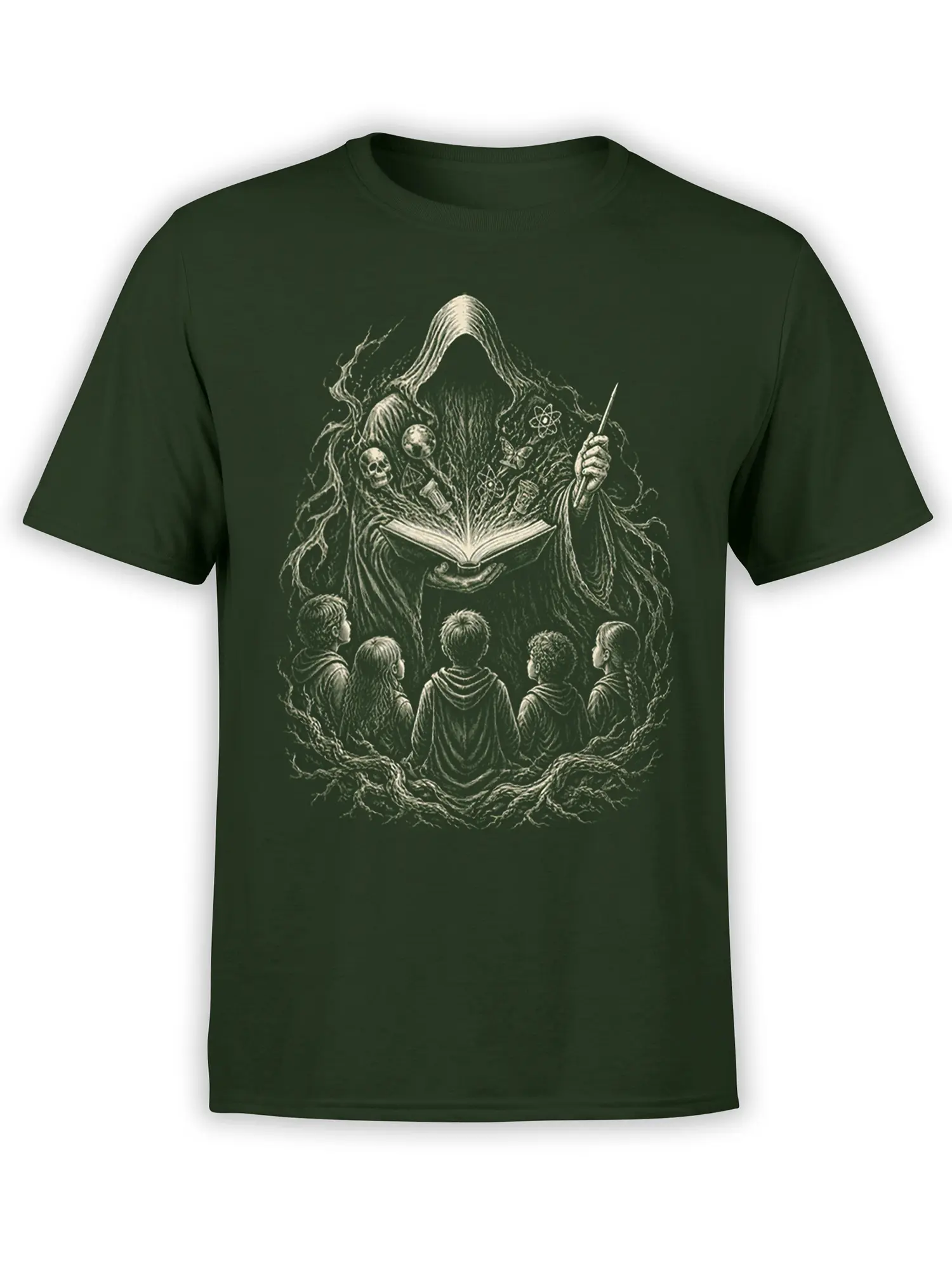 Dark green T-shirt with hooded scholar, open book, cosmic symbols, skulls, and children in an illustrated scene