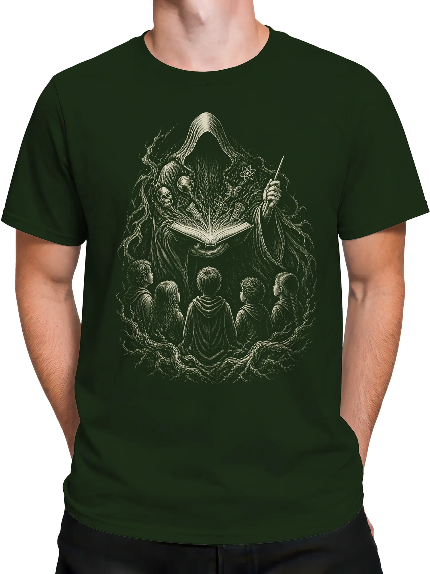 Male torso wearing dark green fantasy T-shirt with hooded scholar and open book illustration