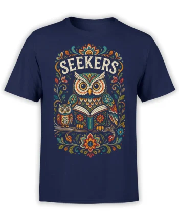 Decorative navy owl t-shirt with two colorful owls, an open book, floral details, and SEEKERS text
