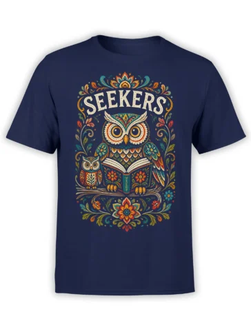 Decorative navy owl t-shirt with two colorful owls, an open book, floral details, and SEEKERS text