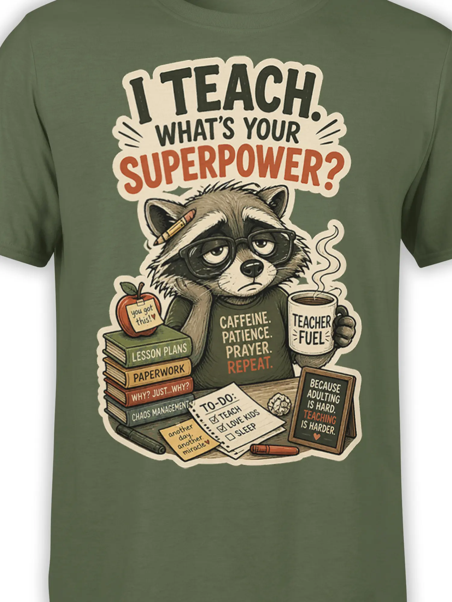 Close-up of sleepy raccoon teacher artwork with glasses, pencil, coffee, books, and classroom text