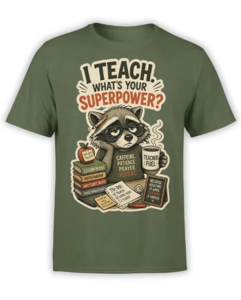 Green teacher T-shirt with a sleepy raccoon, coffee mug, books, apple, and classroom humor