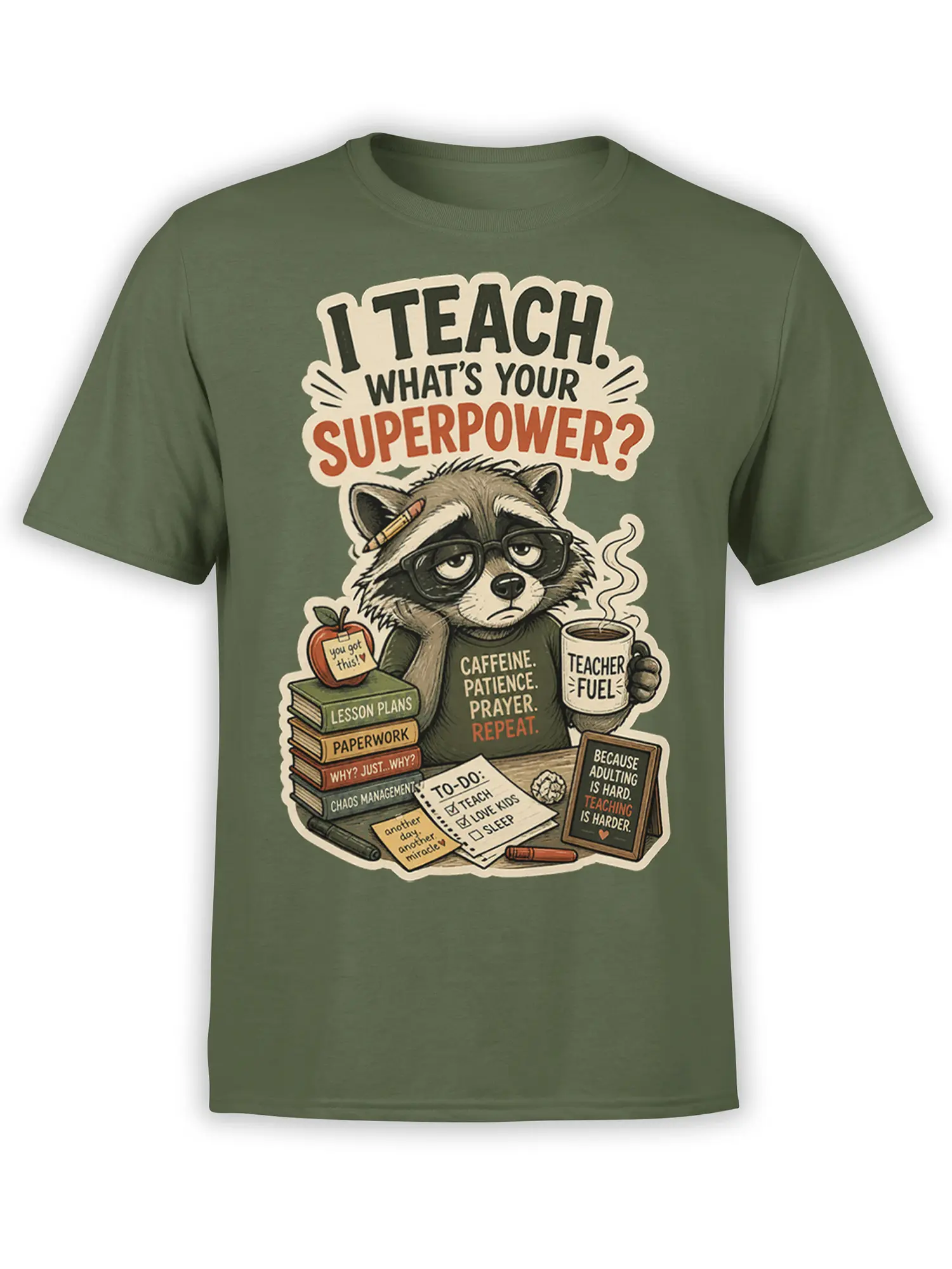 Green teacher T-shirt with a sleepy raccoon, coffee mug, books, apple, and classroom humor