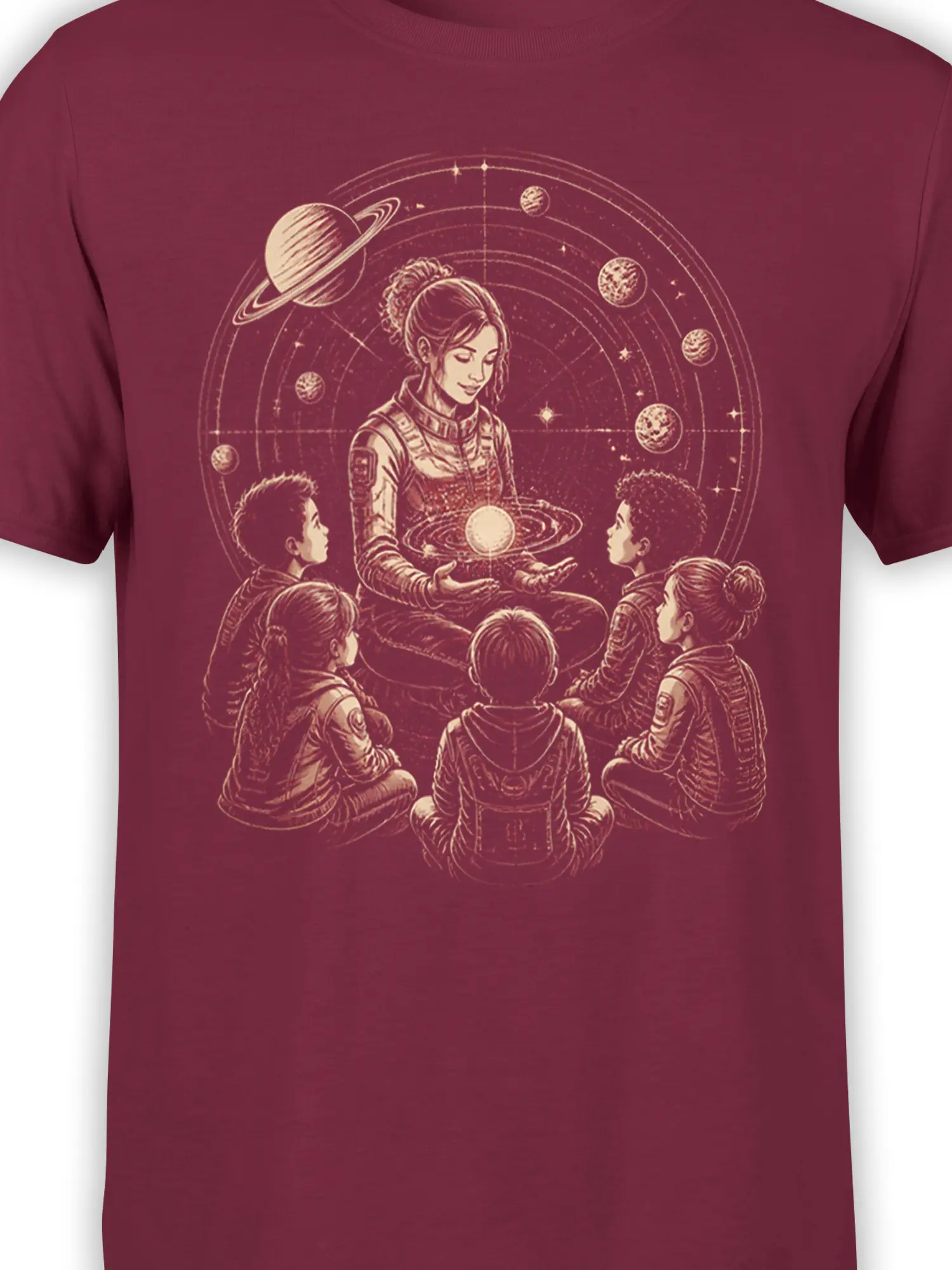 Close-up of astronaut mentor, children, planets, and orbital rings on a burgundy T-shirt