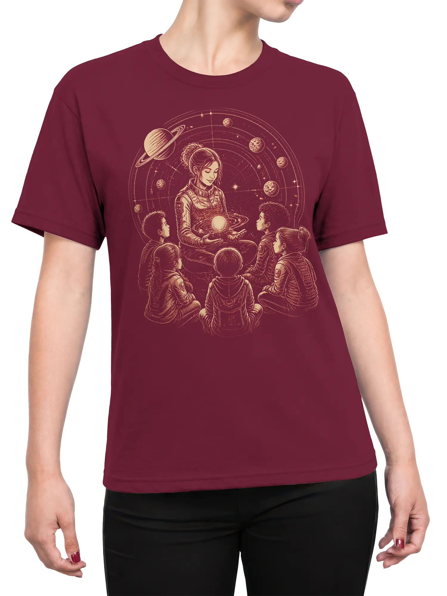 Female torso wearing a burgundy T-shirt with an astronaut mentor and planetary classroom design