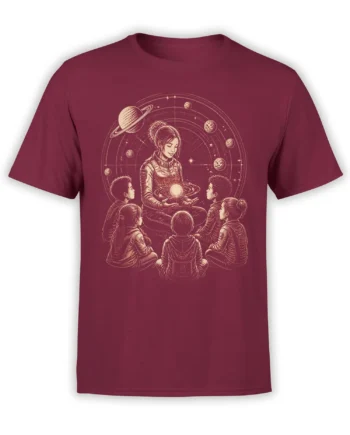 Seated astronaut mentor guiding children around a glowing planet on a burgundy space T-shirt