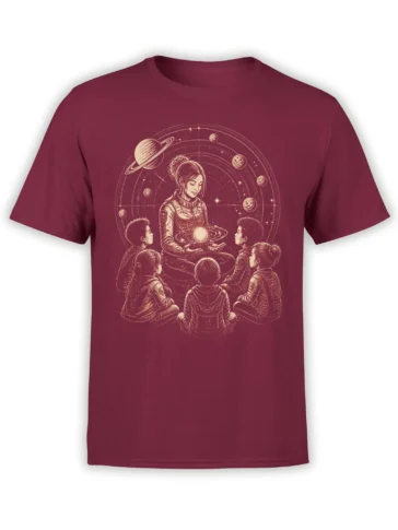 Seated astronaut mentor guiding children around a glowing planet on a burgundy space T-shirt