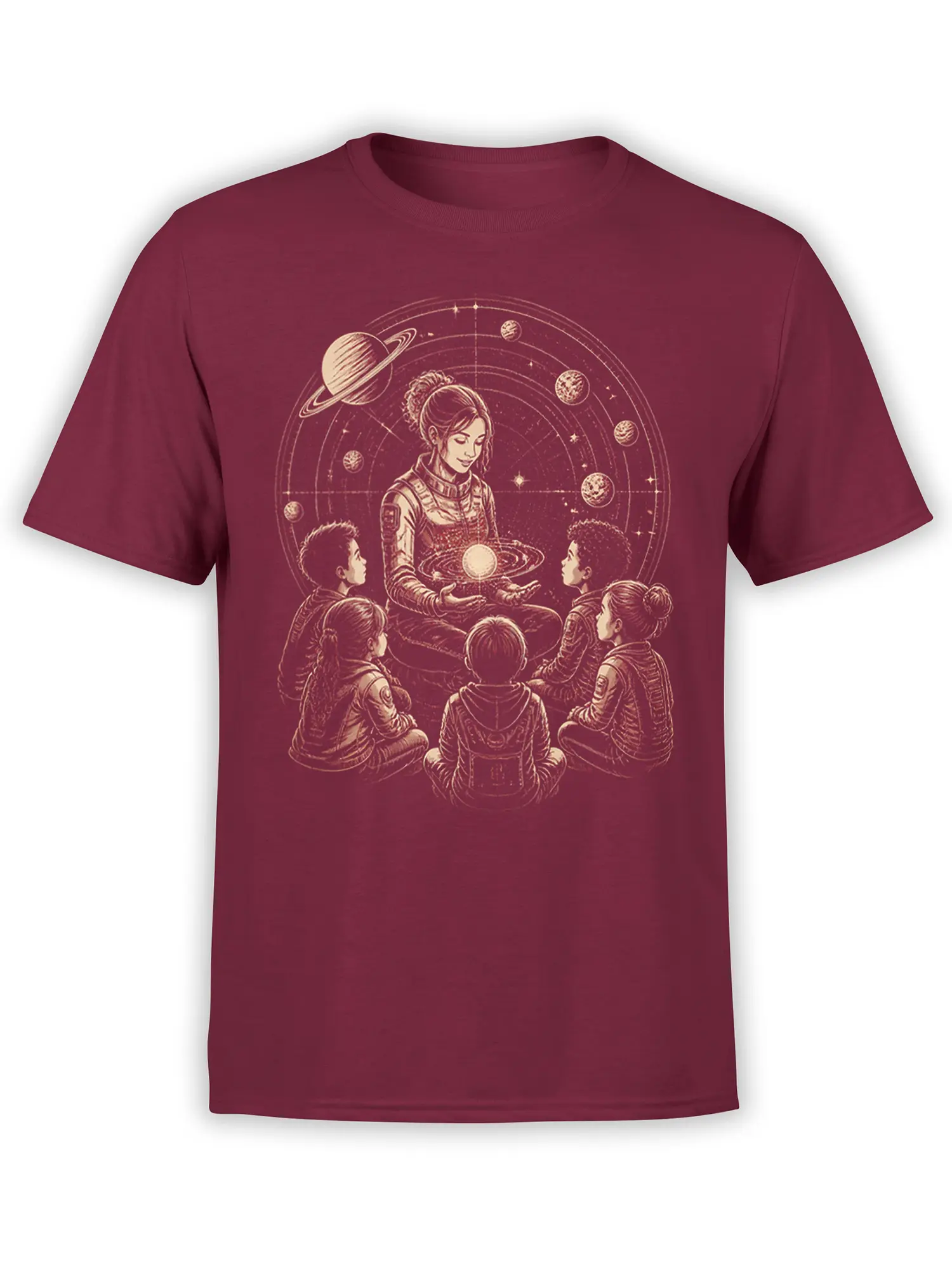 Seated astronaut mentor guiding children around a glowing planet on a burgundy space T-shirt