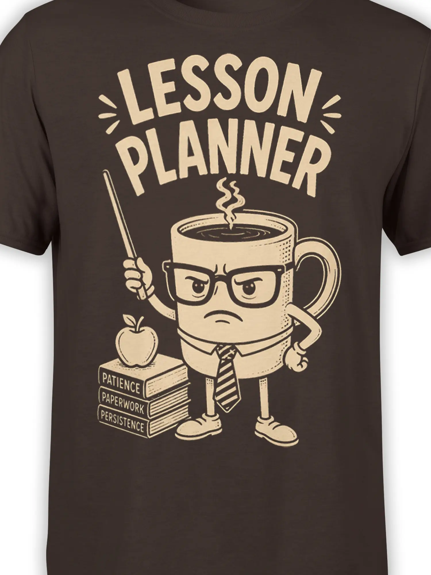 Close-up of the coffee mug character, lesson planner lettering, striped tie, glasses, books, and apple on a brown shirt