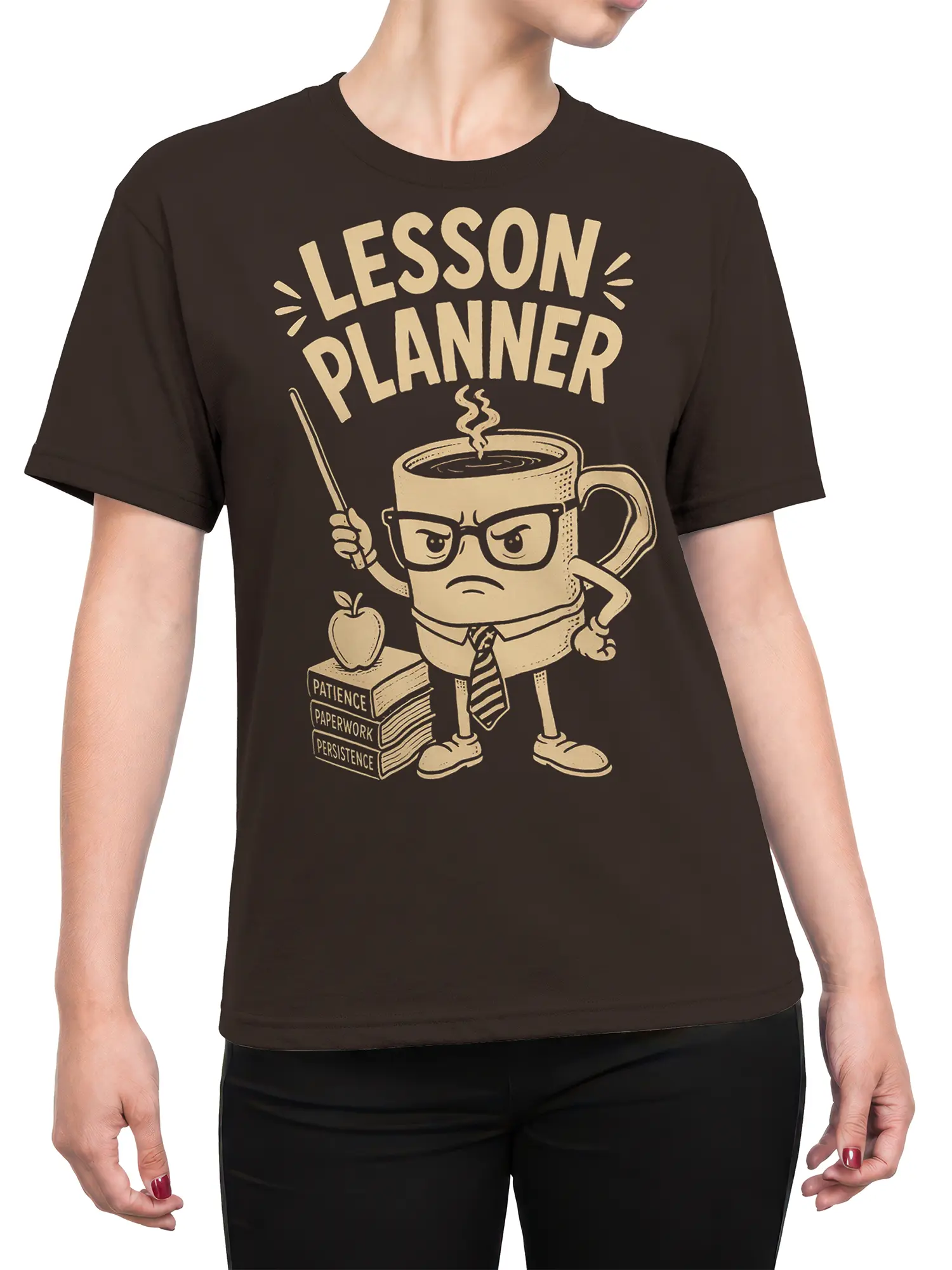 Female torso wearing a brown coffee T-shirt with a vintage lesson planner design and serious mug character in cream ink