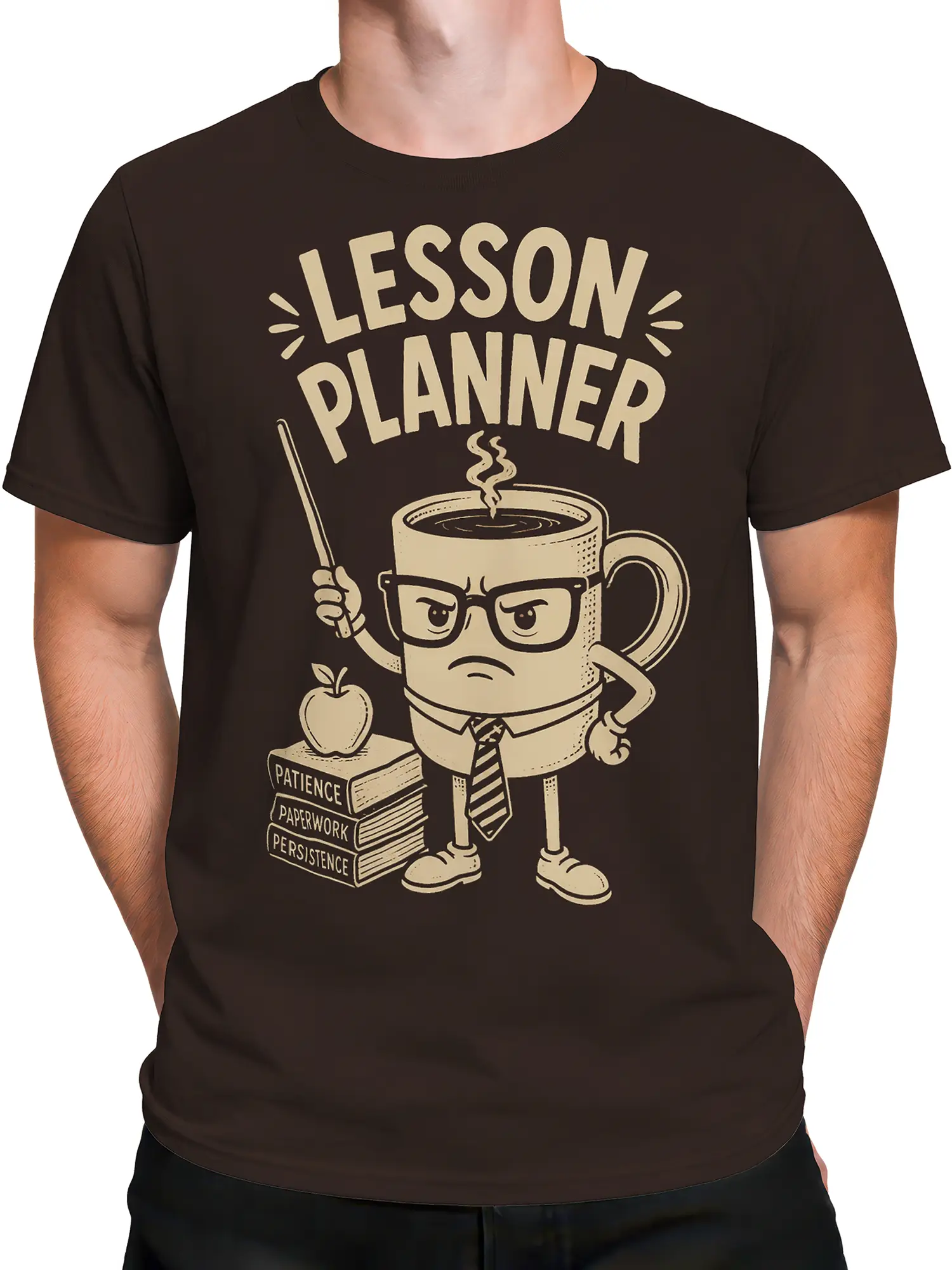 Male torso wearing a brown coffee T-shirt with lesson planner text, books, apple, and a cream vintage mug design