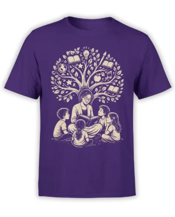 Purple teacher T-shirt with a woman reading to children beneath a tree of books, ideas, music, and stars