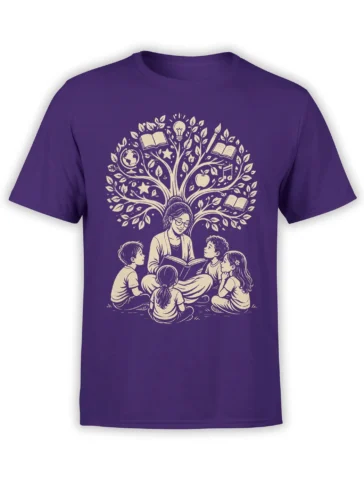 Purple teacher T-shirt with a woman reading to children beneath a tree of books, ideas, music, and stars